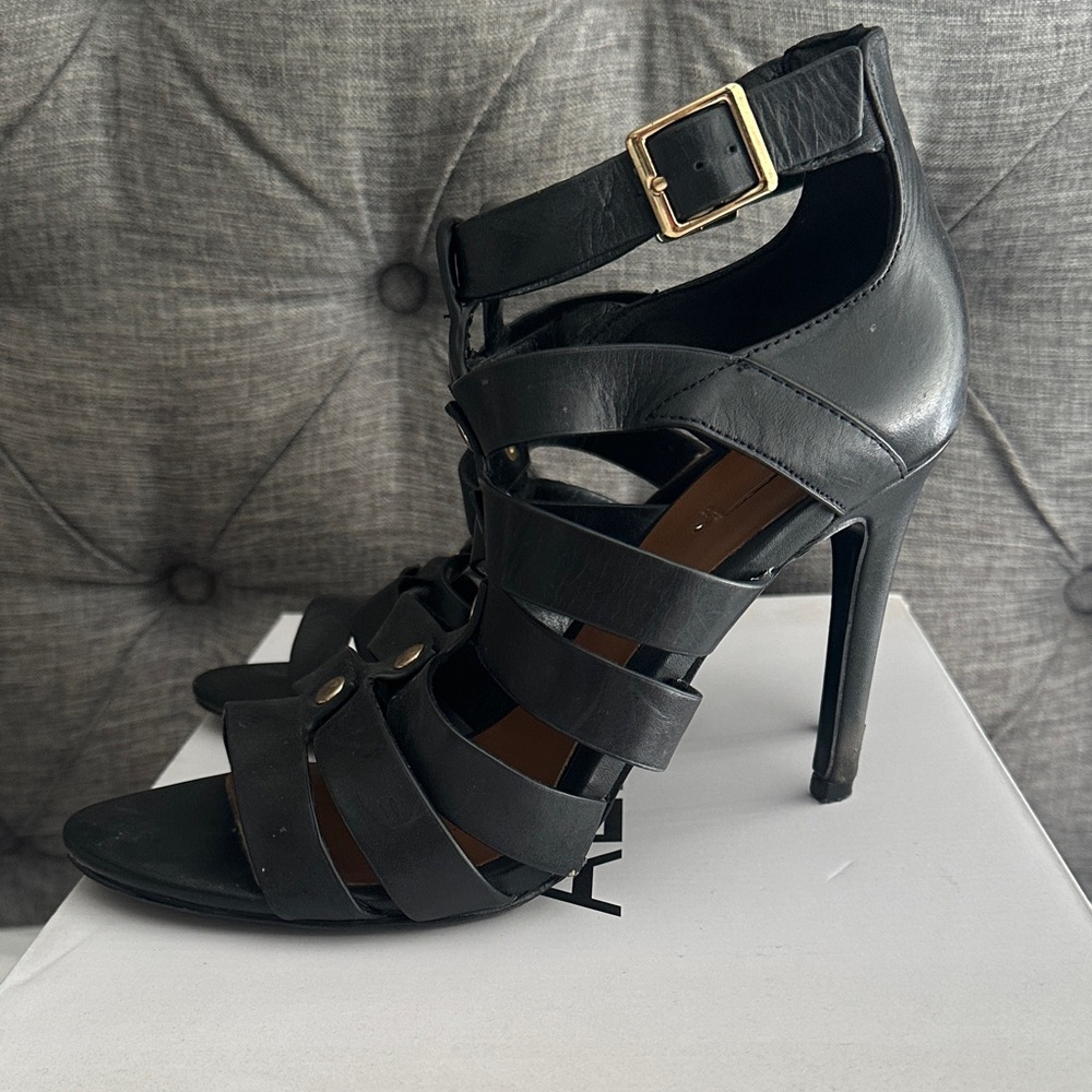 Aldo Black Strappy Heels with Gold Buckle